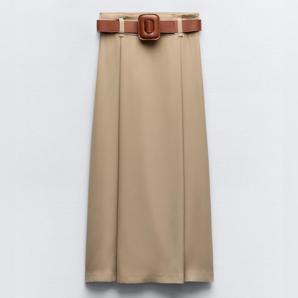 Zara midi skirt with belt taupe brown M L NWT